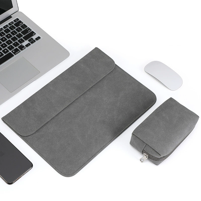 MIO Lightweight Gray PU Laptop Sleeve Durable Shockproof Protective Rectangle Bag with Handle Water Proof