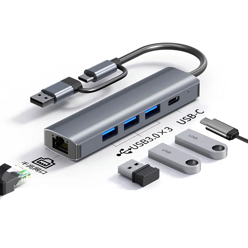 5 in 1 USB C 허브 USB-C USB-A 멀티 포트 어댑터 유형 C3.0 PD 100W 기가비트 이더넷 RJ45 MacBook Pro 용 도킹 스테이션
