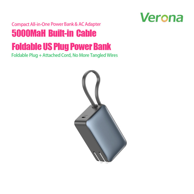 5000mAh 2-in-1 Power Bank Foldable AC Plug Built-in Lanyard Cable 2 Type-C Outputs 22.5W Quick Charge Portable Travel Charger