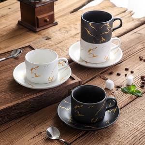 Taza de café de porcelana con textura de mármol de 220cc al por mayor, juego de platillos de cerámica, café con leche expreso personalizado para tazas de té, platillos - Product Image 1