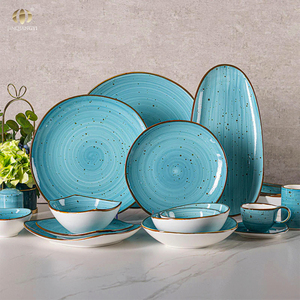 Juego de Vajilla Nórdica de Cerámica JQY, Platos y Tazones, Vajilla Pintada a Mano con Patrón de Remolino y Motas, Juego de Platos de Porcelana - Product Image 1