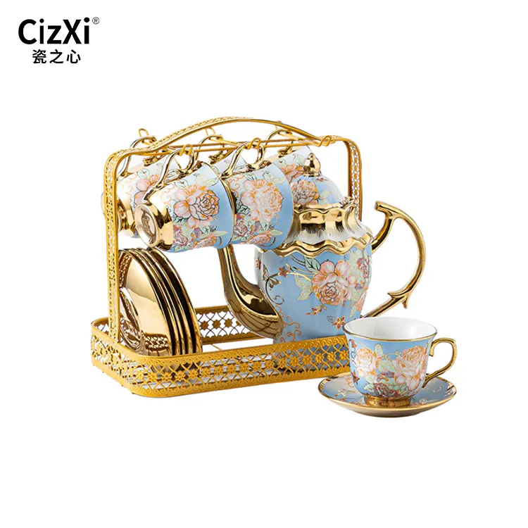 Set Cangkir Teh 13 Buah Porselen Dekorasi Emas Royal dengan Kotak Hadiah untuk Rumah Hotel Restoran Pernikahan Menggunakan