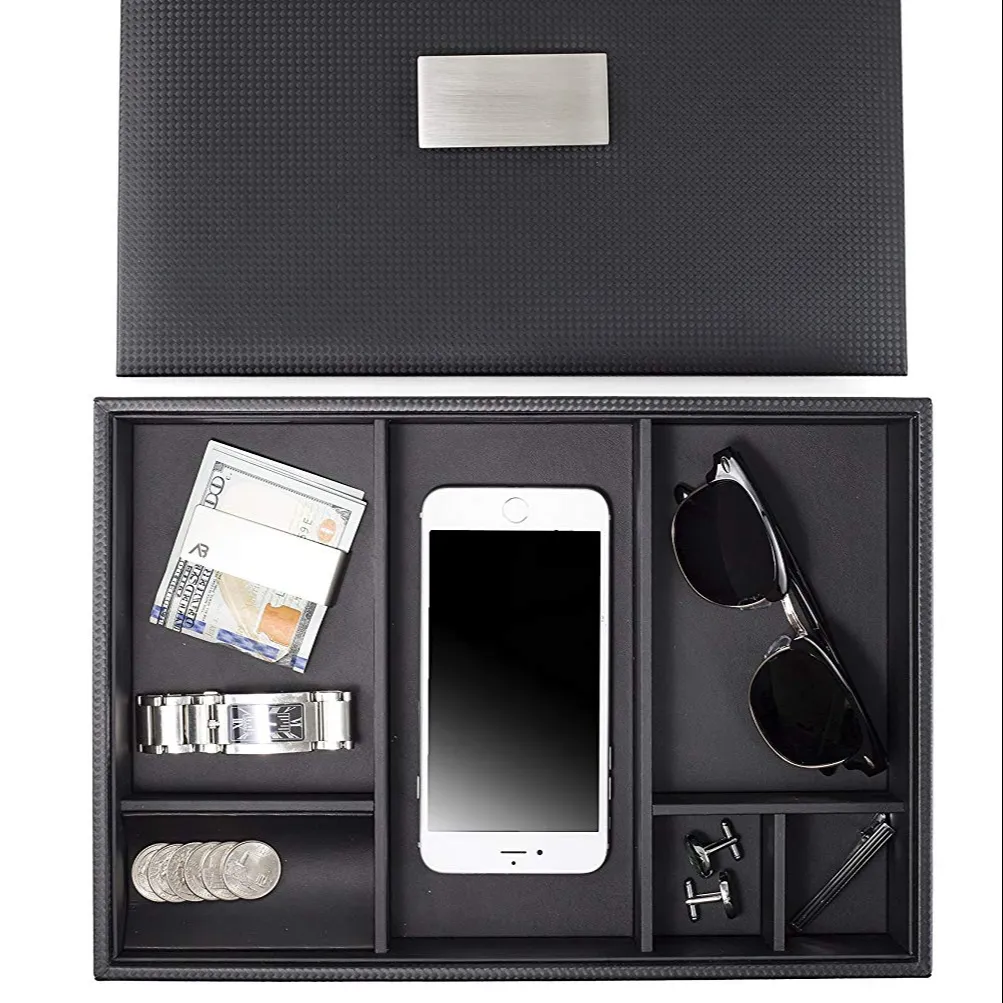 Hitam PU Kulit Dapat Ditarik Lemari Kabinet Laci Desktop Menonton Perhiasan Tampilan Penyimpanan Organizer Valet Tray