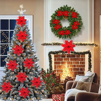 Dekorasi Pohon Natal QY, Aksesoris Plastik DIY, Perlengkapan Liburan Natal, Bunga Poinsettia, Hiasan Bunga Glitter Buatan