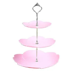 kue stand ulang tahun pink Suppliers-Piring Tiga Tingkat Gaya Eropa, Biru/Merah Muda/Putih, Piring Bunga, Dudukan Kue Pesta Teh Pernikahan dengan Pegangan Perak