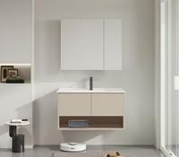 Meuble de salle de bain mural double porte avec vasque en céramique, étagère ouverte, gris chaud, en aluminium alvéolé, avec lavabo intégré