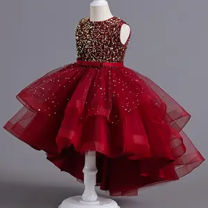 Langärmelige rote Pailletten Hochzeit Blume Mädchenkleid Kinderparty schönes Kleid Prinzessin Weihnachtskleider für Mädchen