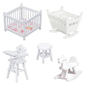 Meubles miniatures pour <span class=keywords><strong>maison</strong></span> de poupée 1:12, chambre d'enfant, berceau, cheval <span class=keywords><strong>à</strong></span> <span class=keywords><strong>bascule</strong></span> en bois blanc, chaise haute, tabouret - Product Image 1