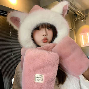 2025 mignon 2 en 1 hiver chaud chat oreille <span class=keywords><strong>bonnet</strong></span> chapeaux écharpe cache-cou floue moelleux fourrure fourrure chapeau femmes filles chapeau et écharpe ensemble - Product Image 2