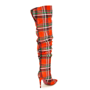 Bottes hautes plissées à imprimé écossais pour femme, grande taille 45, coupe large, à bout pointu, au-dessus du genou - Product Image 4