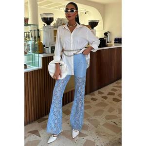 Pantalones de Mujer con Forro de Encaje, Corte Acampanado, Cintura Alta, Color Azul, Transpirables - Product Image 1