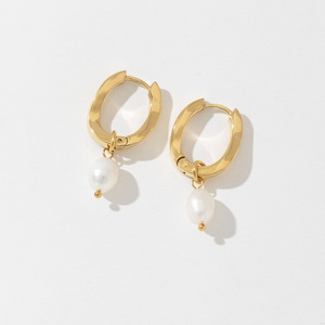 Stainless Steel Jewelry Wholesale Trendy 18K <b>Gold</b> <b>Plated</b> Freshwater Pearl Pendant Simple Huggie <b>Hoop</b> <b>Earrings</b> - Product Image 1