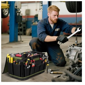 Sac à outils pour électricien robuste de 16 pouces pour hommes, vert/noir, imperméable, résistant aux déchirures, fond rigide avec poches - Product Image 6