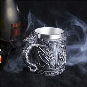 Tazza di birra in acciaio inossidabile in resina retrò drago teschio cavaliere boccale di caffè di Halloween creativo viching tazza di tè decorazione da Pub Bar