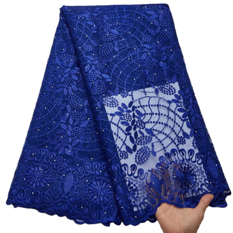 Tela de encaje francés para vestido de novia, bordado azul puro con piedras, encaje de tul, venta al por mayor, 2727