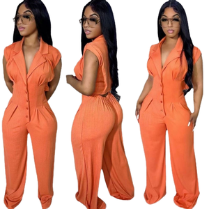 Mono casual transpirable de verano para mujer 2023, de manga corta, ajuste holgado, con encaje calado y pantalón acampanado - Product Image 1