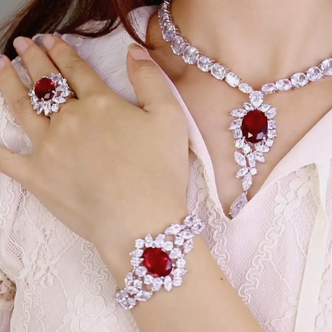 Set Perhiasan Perak Murni 925 Set Perhiasan Pernikahan Mewah Zirkon Kristal Korundum Merah Set Perhiasan Pernikahan Pengantin Dubai