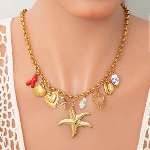 Collar con colgante de estrella de mar en espiral hecho a mano para mujer, de acero inoxidable con oro de 18K, y pendientes azules estilo China-Chic para fiestas - DIY - Product Image 2