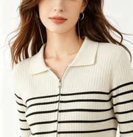 Cardigan en tricot polo à fermeture éclair intégrale pour femme, pull slim à manches longues côtelé à rayures horizontales pour le bureau