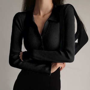 Suéter de Punto para Mujer, Otoño-Invierno 2024, Nuevo Estilo, Cuello Camisero con Botones, Manga Larga, Corte Ajustado y Color Sólido - Product Image 4