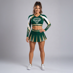 Custom Cheerleading Uniform Set <b>Green</b> Gold Sublimated <b>Long</b> <b>Sleeve</b> <b>Crop</b> <b>Top</b> Pleated Skirt All Star Team Apparel Manufacturer OEM - Product Image 1