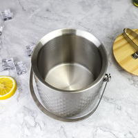 Seau à glace isotherme à motif diamant 1,4 L 2 L 3 L, double paroi en acier inoxydable, avec poignée de transport, couvercle en bois et pince