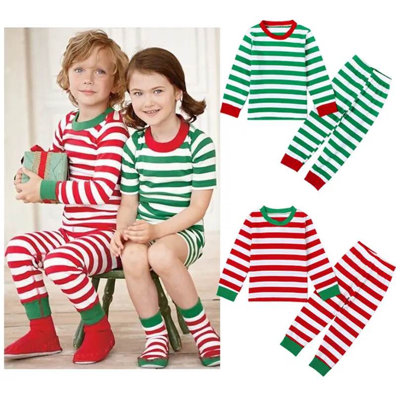 2 Stuks 2-7y Kerst Homewear Voor Jongens Meisjes Groene Streep Meisjes Pyjama Rood En Wit Strepen Pyjama Voor Kinderen