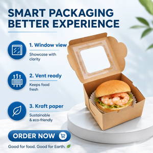 Kotak Kemasan Hadiah Kafe Makanan Cepat Saji Ramah Lingkungan, Kotak <span class=keywords><strong>Burger</strong></span> Kertas Kraft Sekali Pakai Tahan Minyak Grosir Dengan Jendela - Product Image 6