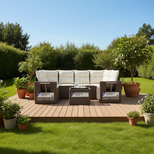 Grand ensemble de canapés de jardin en rotin PE brun avec coussins crème pour mobilier de patio extérieur, 7 places, design contemporain - Product Image 2