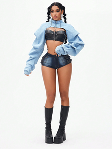 Nouvelle mode <span class=keywords><strong>veste</strong></span> en jean à manches bouffantes irrégulières avec fermeture à glissière et col demi-ouvert pour femmes - Product Image 4