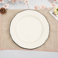 Assiettes de Dîner et Plat Ovale en Céramique Festonnée, Service de Table en Grès Ivoire à Bordure Noire pour Restaurant