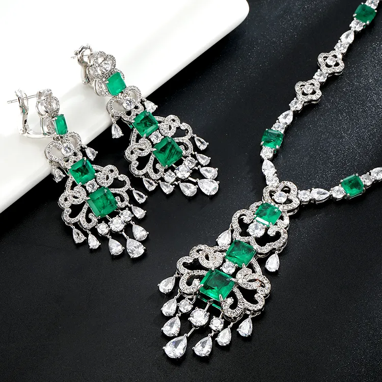 Luxury sterling silver jewelry set pave CZ gemstone party necklace earrings emerald green jewelry sets