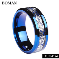 Hots vente hommes noir carbure de tungstène Dragon bague alliance vert Fiber de carbone noir dragon motif bague en fibre de carbone