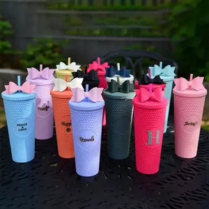 Bán buôn biểu tượng tùy chỉnh tái sử dụng 16oz 24oz uống cup đôi tường Matte nhựa Tumbler lưới bộ sưu tập cup với nắp rơm