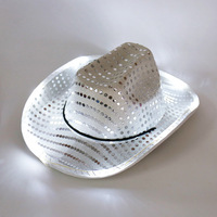 Cappello Fedora da Cowgirl lampeggiante a LED occidentale con luce per adulti cappello da Cowboy con paillettes argento con bordo LED bianco