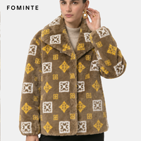 Veste Courte Femme en Fausse Fourrure à Poil Court, Imprimé Géométrique Carreaux Vintage, Style Luxe Designer, Service OEM Logo Personnalisé