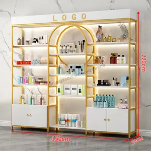 Fashion Concept Cosmetic Shelves Gold Retail Store Cosmetic Display Rack With Cabinet For Shop Customize Logo Size