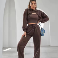 Ensemble de sport pour femme personnalisé en coton 3 pièces, ensemble de jogging, ensemble de survêtement avec veste à capuche courte à coupe brute à manches longues, tenues de sport pour femme