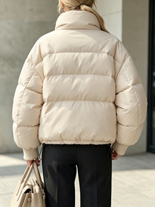 Blouson d'hiver chic pour femme, col montant, matelassé, zippé, manches longues, coupe ample, court, style bomber, avec logo personnalisé, pour le streetwear quotidien - Product Image 3