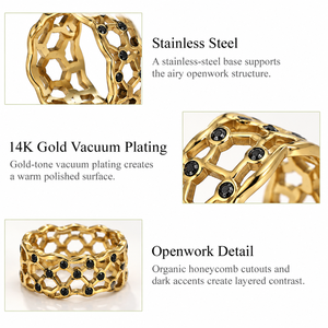 แหวนสแตนเลสสตีลลายฉลุแบบออร์แกนิค ชุบทอง 14K ด้วยวิธีสุญญากาศ ประดับด้วยสีดำ เครื่องประดับที่โดดเด่น - Product Image 3