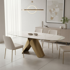 Bàn ăn hình oval có thể kéo dài, mặt bàn đá sintered phong cách Bắc Âu sang trọng nhẹ nhàng, chân bàn sơn vàng. - Product Image 2