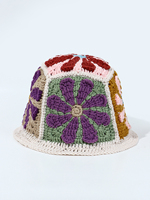 Topi Bucket Rajut Tangan Wanita Motif Bunga, Warna-Warni, Patchwork, Topi Nelayan Rajut, Gaya Boho Vintage, Topi Pelindung Matahari Sehari-hari