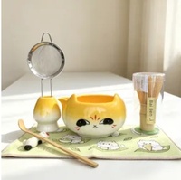 Ensemble de bols à matcha en céramique adorables avec oreilles de chat, couleur blanc cassé, cinq pièces, design oriental, avec outils pour le matcha