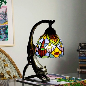 LongHuiJing High-End Cat <b>Base</b> Stained Glass Tiffany <b>Table</b> <b>Lamps</b> Mediterranean Style Bedroom Decor - Product Image 1