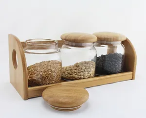 Kunden spezifisches Set mit 3 Gläsern Kanister für die Aufbewahrung in der Küche, Lebensmittel-Gewürz-Teekanne mit Bambus deckel/Gestell