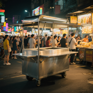Chariot de Vente Ambulant Extérieur pour Marché de Nuit, Desserte Mobile Pliante en Acier Inoxydable avec Étagères de Rangement Portable - Product Image 6