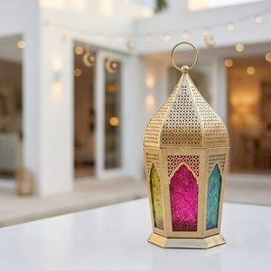 Lanterne à bougie en verre et métal marocain coloré, or, dernière collection 2027, pour la décoration de la maison et des événements du Ramadan - Product Image 2
