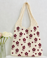 Sac fourre-tout en tricot floral Saint-Valentin, couleur crème bordeaux, sac à bandoulière fleuri, broderie de logo personnalisée, emballage, faible MOQ, vente en gros
