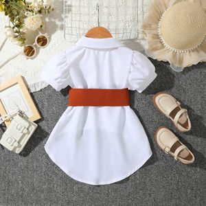 Robe chemise ample à col rond et revers, unie, à manches courtes, style été, pour filles, avec ceinture en PU - Product Image 6