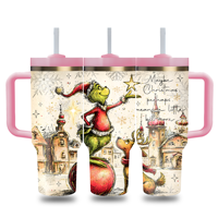 Carafe isotherme à double paroi de 40 oz avec logo personnalisé, motif dessin animé monstre vert et fleurs, avec poignée, couvercle et paille, faible MOQ